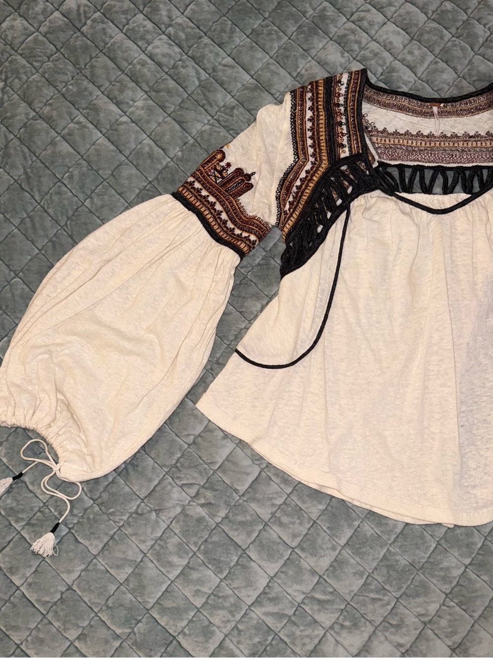 Free People Cream Snow Kisses - Boho Embroidered Tunic with Black Trim - Picture 12 of 14